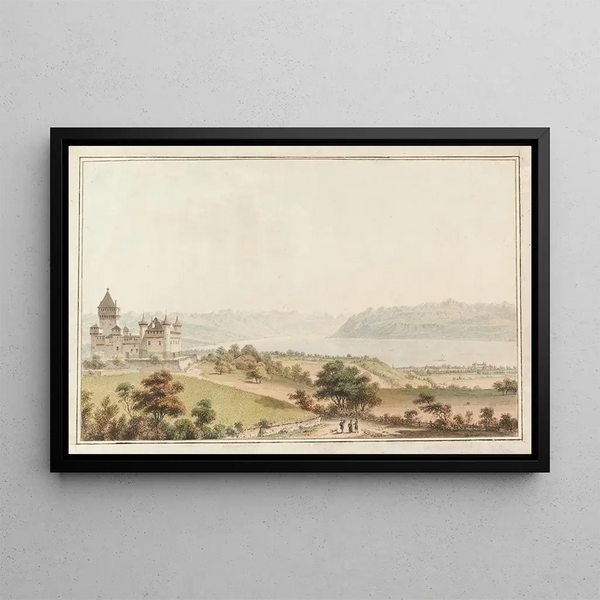 Vue de Vufflens-le-Château - Johann Ludwig Aberli — indrammet kunstværk på væggen