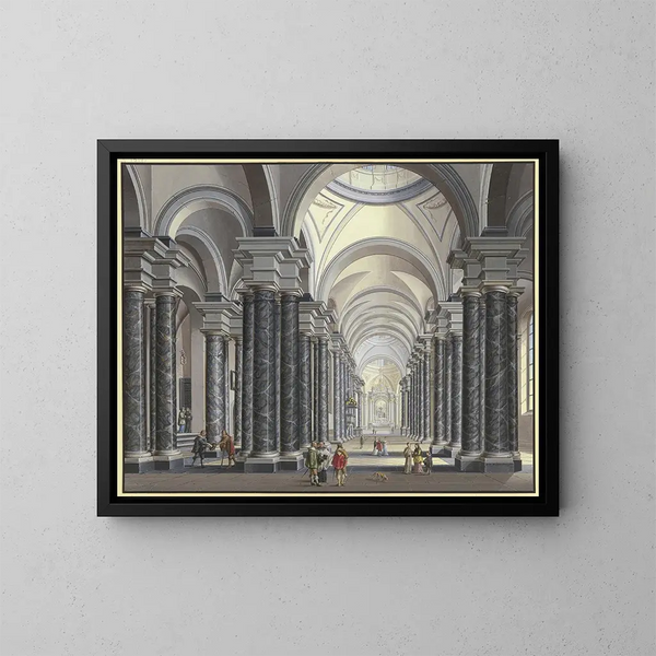 Vue af indersiden af en barokkirke med sorte marmor kolonner og scenefigurer i 1600-tals kostumer 1790 - Johann Ludwig Ernst Morgenstern — indrammet kunstværk på væggen