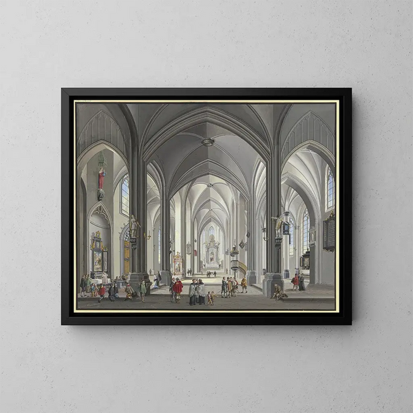 Vue af indersiden af en hallenkirche gotisk kirke med mange scenefigurer i 1600-tals kostumer, til venstre en præst der fejrer messen 1790 - Johann Ludwig Ernst Morgenstern — indrammet kunstværk på væggen