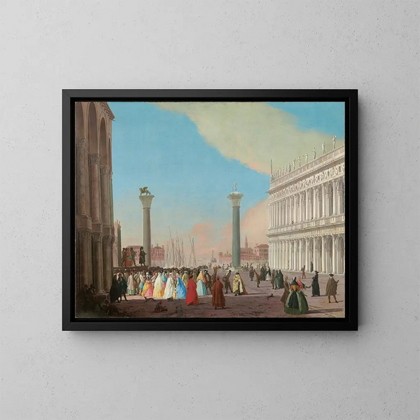 Venedig, Piazzetta set fra syd fra basilikaen San Marco med biblioteket og en folkemængde samlet for at overvære en optræden af Commedia dell'arte - Johann Richter — indrammet kunstværk på væggen