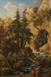Landskabslandskab med grotte, klippe, flod og personer - Johann Samuel Hetzendorf — visning af kunstværket