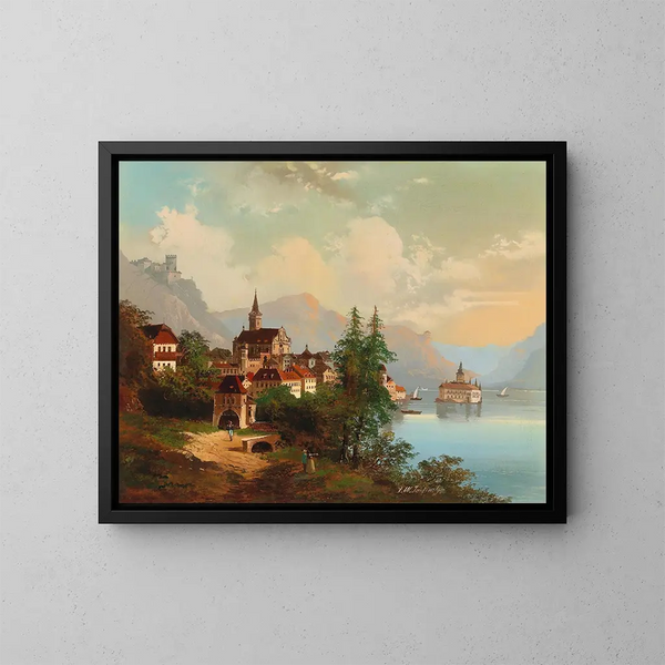 Vue sur une ville et un château d'eau - Johann Wilhelm Jankowski — indrammet kunstværk på væggen