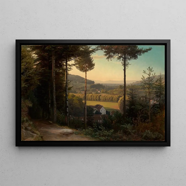La vallée de l'Oos med udsigt over Rhindalen og Vosges ved aften - Johann Wilhelm Schirmer — indrammet kunstværk på væggen