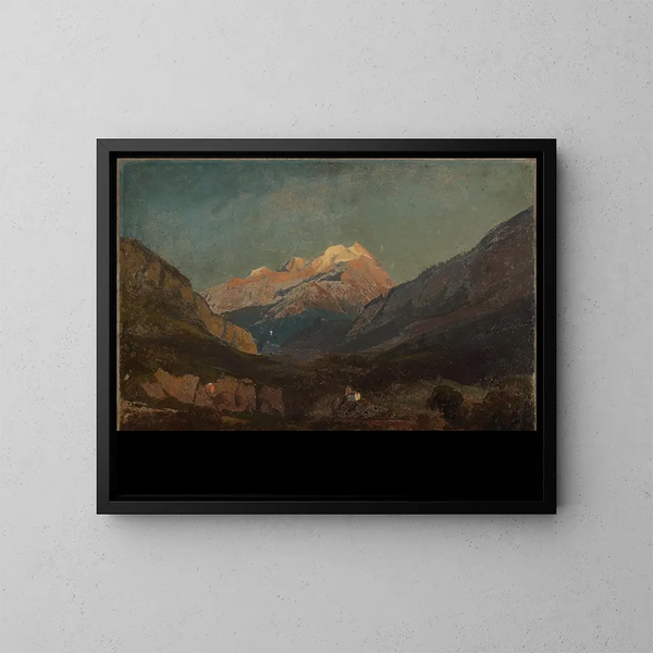 Schweizisches Berglandschafts-Kunsttryk mit Kapelle und entferntem schneebedecktem Gipfel - Johann Wilhelm Schirmer — indrammet kunstværk på væggen