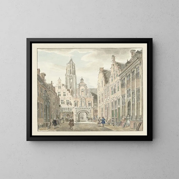 Rue Nieuwstraat i Utrecht med udsigt over Domtoren - Johanna de Bruyn — indrammet kunstværk på væggen