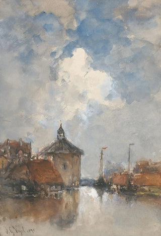 Johannes Gijsbert Vogel - Havengezicht met schepen en een ronde toren.webp