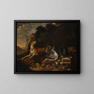 Johannes Kuveenis the Elder - Hunting scene with a hound a dead heron feathered game a birdcage and a rifle.webp