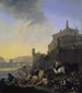 Johannes Lingelbachs kunsttryk af en flod med badende romaer nær en italiensk by — visning af kunstværket