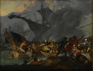 Johannes Lingelbach - The Battle of Lepanto 1571 with crowded boats and men struggling to shore in the foreground.webp