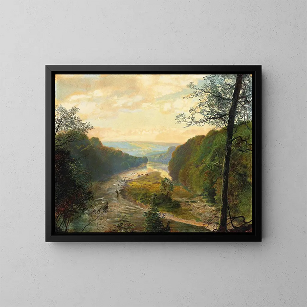 La vallée de Wharfe med Barden-tårnet i baggrunden - John Atkinson Grimshaw — indrammet kunstværk på væggen