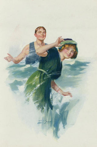 John E Sutcliffe - Young man splashing a young woman with water at the beach.webp