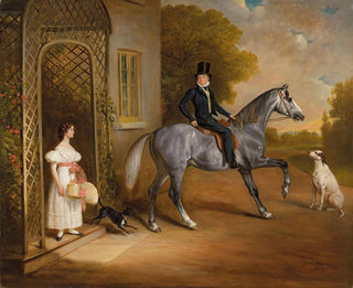 John Ferneley - Master John Marriott on a grey horse with his sister Annis and their dogs outside the Elms Cropwell Butler.webp
