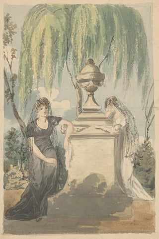 John Rubens Smith - Preliminary design for mourning scene two veiled women grieving over funerary monument with urn weeping willow in background.webp