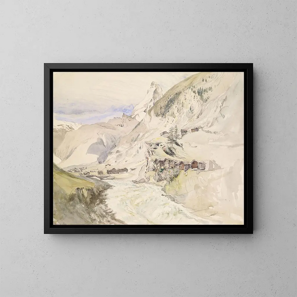 Et alpint landskab med Matterhorn i det fjerne - John Ruskin — indrammet kunstværk på væggen
