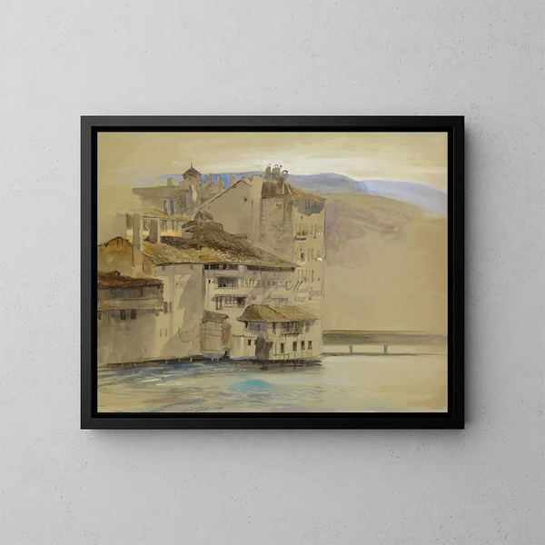 gamle huse på Rhône-øen i Genève - John Ruskin — indrammet kunstværk på væggen