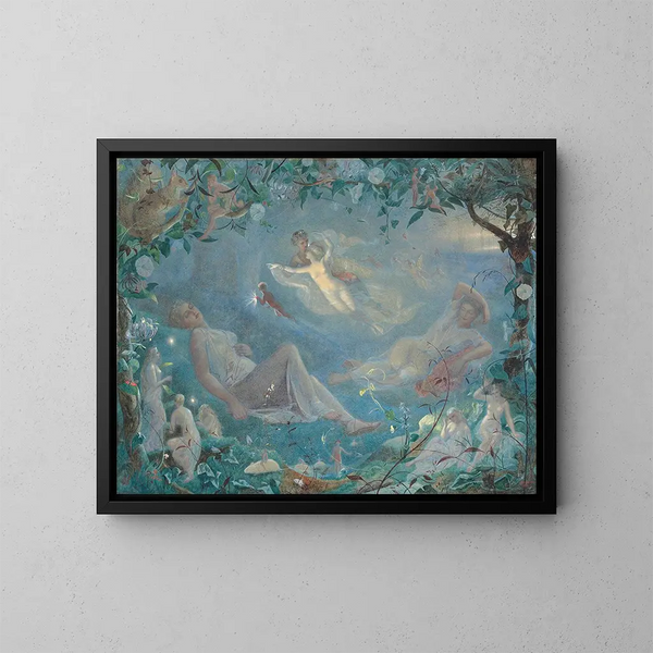 Titania sovende, scene fra Sommernatsscenens Drøm, akt II, scene ii - John Simmons — indrammet kunstværk på væggen