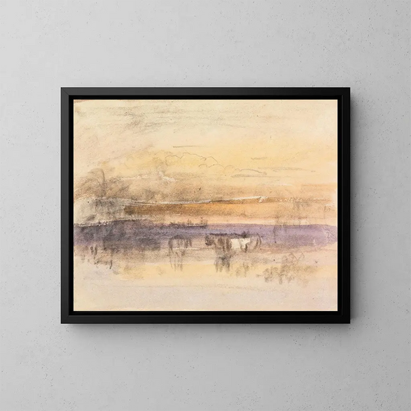 John Varley - Kunsttryk af Dyreafgræsning ved solnedgang — indrammet kunstværk på væggen