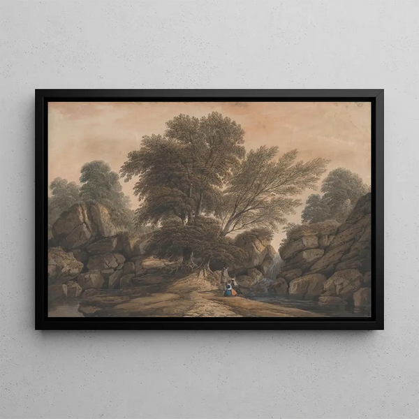 John Varley - Figures Beside a Waterfall and Pool in a Wooded Landscape.webp