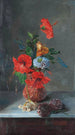 Hibiscus, fresier, dahliaer og jacinther på et marmorbord - José María Bracho Murillo — visning af kunstværket