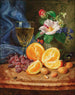 naturtro med appelsiner, et vinglas og camelliaer i en vase - Josef Lauer — visning af kunstværket