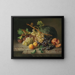 Josef Lauer - Stillleben mit Granatapfel Weintrauben und Melone.webp