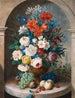 En blomsterstilleben i stil med de hollandske kunstnere fra det 17. århundrede Sankt-Stefans katedral i det fjerne - Joseph August Satory — visning af kunstværket