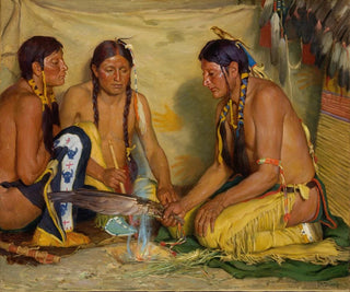 Fremstilling af medicin baseret på blid urt, blackfoot ceremoni - Joseph Henry Sharp — visning af kunstværket