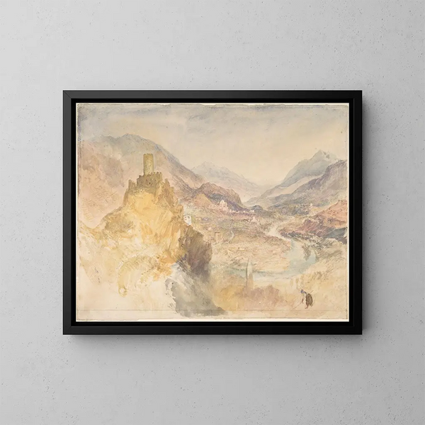 Le Val d'Aoste og Château d'Argent set ovenfra fra Villeneuve - Joseph Mallord William Turner — indrammet kunstværk på væggen