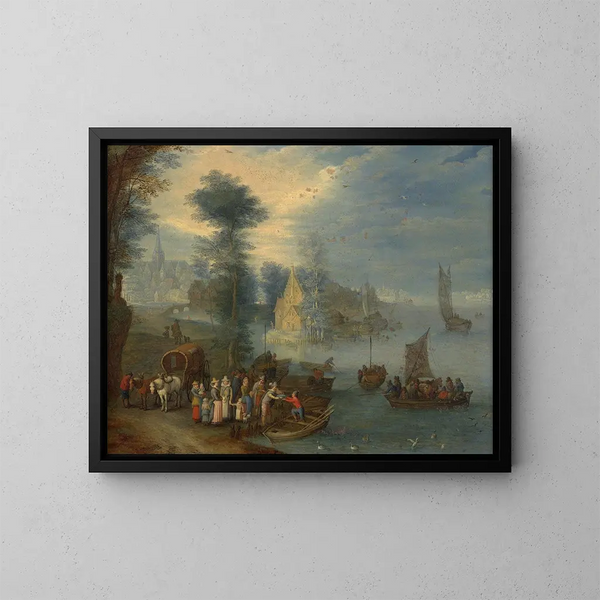 Landskab med flod og figurer - Joseph van Bredael — indrammet kunstværk på væggen
