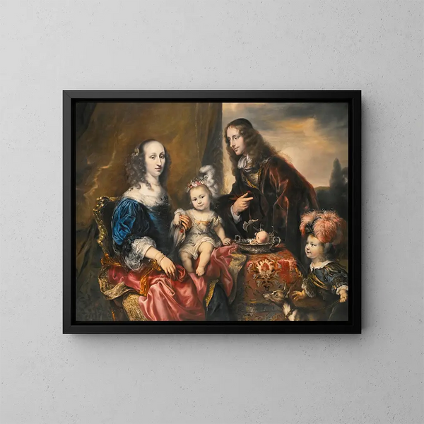Et elegant traditionelt familiebillede, der er identificeret som det af oberst John Hutchinson (1616-1664) og hans familie - Jürgen Ovens — indrammet kunstværk på væggen