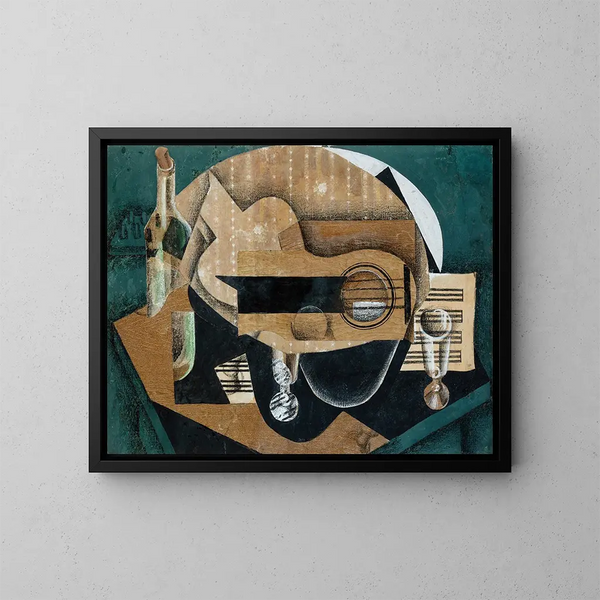 En guitar, briller og en flaske - Juan Gris — indrammet kunstværk på væggen