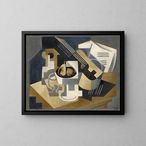 Guitare og frugtbolle på et bord - Juan Gris — indrammet kunstværk på væggen