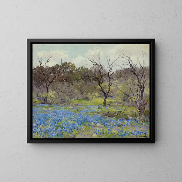 Tidligt forår maleri, Bluebonnets og Mesquite - Julian Onderdonk — indrammet kunstværk på væggen