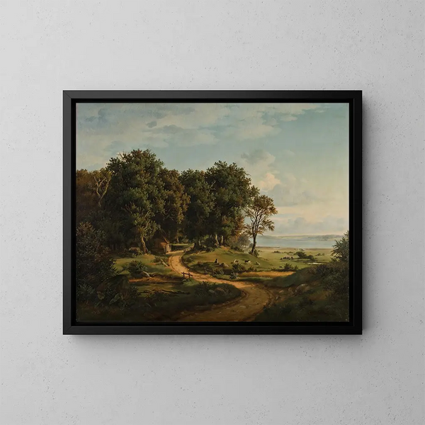 Landskabsmaleri af dansk kunstner - Julius Hellesen — indrammet kunstværk på væggen