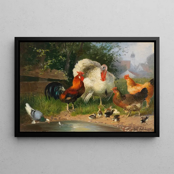 Julius Scheuerer - Truthahn Hahn Hhner Kken und Taube an der Trnke.webp