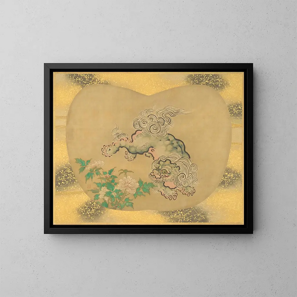 Lion chinois et pivoines - Kanō Tsunenobu — indrammet kunstværk på væggen