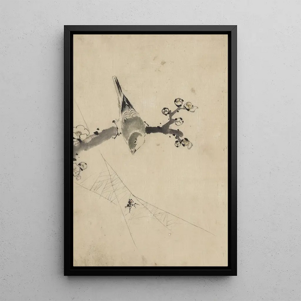 Katsushika Hokusai - A bird perched on a tree branch with blossoms watching a spider on a web.webp