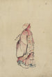 Vue latérale af en munk i fuld figur, profil af venstre side, iført en kappe med hætte - Katsushika Hokusai — visning af kunstværket