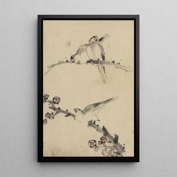 Katsushika Hokusai - Three birds perched on branches one with blossoms.webp