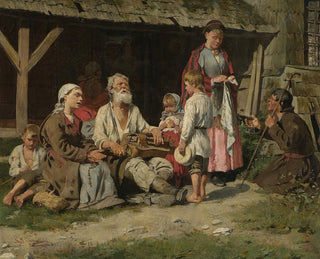 Kazimierz Pochwalski - Genre scene  a hurdygurdy player in front of a cottage.webp