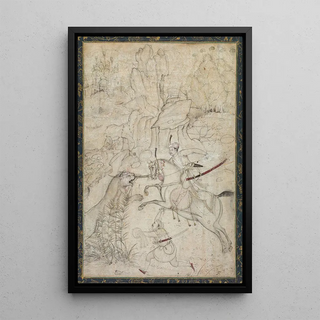 Khem Karan - A Mounted Prince Hunting Lion in a Rocky Landscape.webp