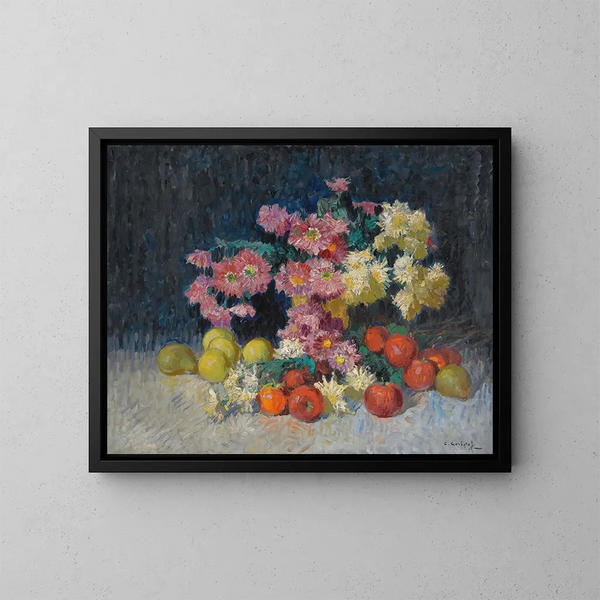 naturtro med blomster og frugt - Konstantin Ivanovich Gorbatov — indrammet kunstværk på væggen