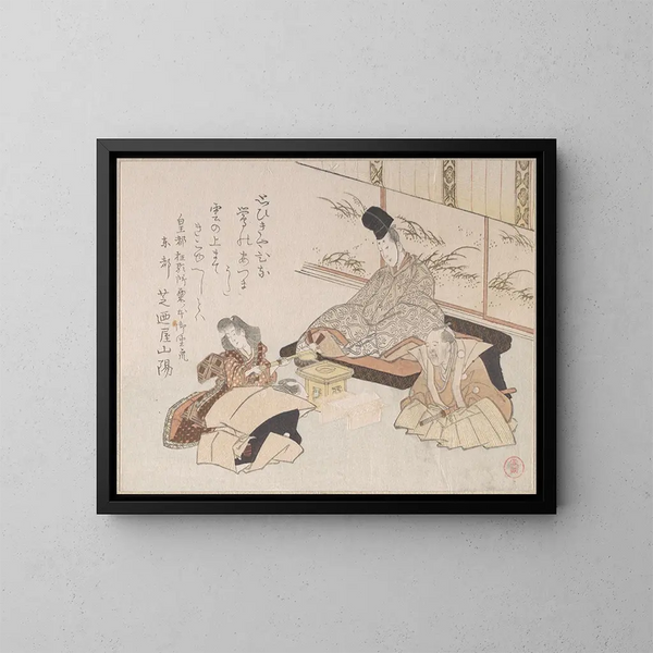 et nobelt maleri, der modtager et humoristisk kyōka-digt af Shibanoya Sanyō, kyōka-mester - Kubo Shunman — indrammet kunstværk på væggen