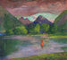 L'entré i floden Tautira, tahitisk fisker, der stikker en fisk - John La Farge — visning af kunstværket
