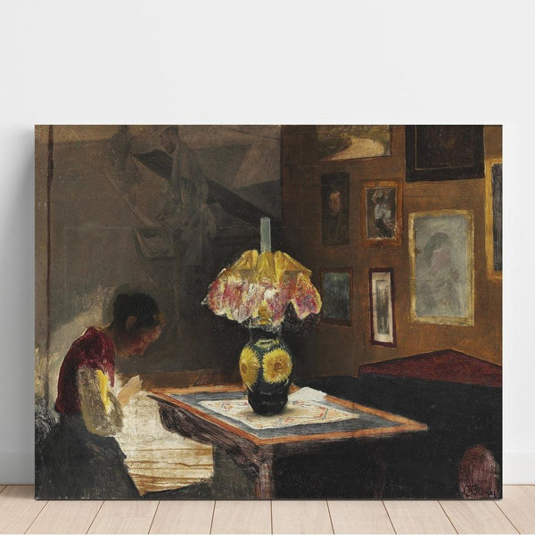 Reproduktion af maleriet L'kunstners kone Sigrid, der syr ved lampens lys - Laurits Andersen Ring