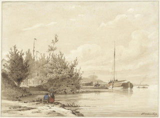 Lambertus Hardenberg - Landschap met gemeerde boten aan een rivieroever.webp