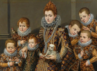 Portrait af Bianca Degli Utili Maselli med en hund og omgivet af seks af hendes børn - Lavinia Fontana — visning af kunstværket