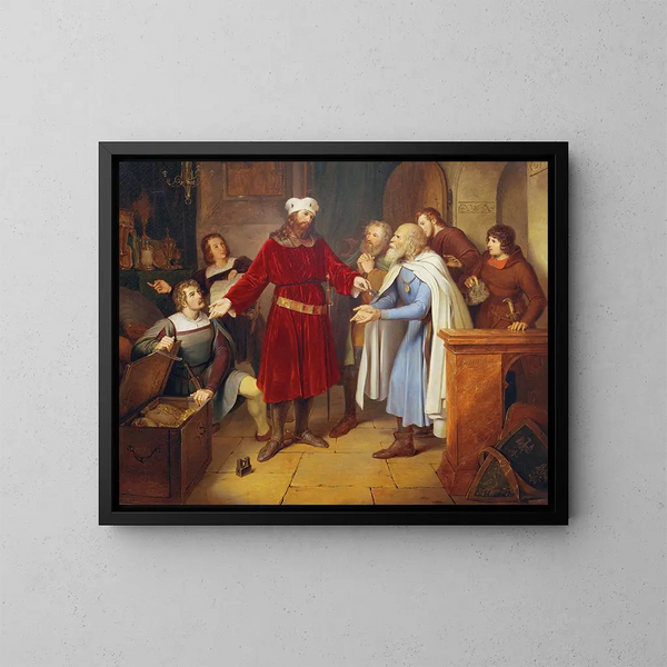 Leopold af Babenberg afleverer sine skatte til Venedigs borgere - Leander Russ — indrammet kunstværk på væggen