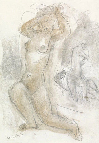 Leo Gestel - Naakte vrouw met de handen in het haar op de achtergrond een andere naakte figuur.webp