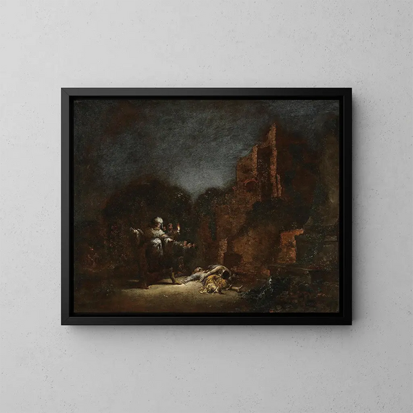La Découverte des corps de Pyramus et Thisbé - Leonaert Bramer — indrammet kunstværk på væggen